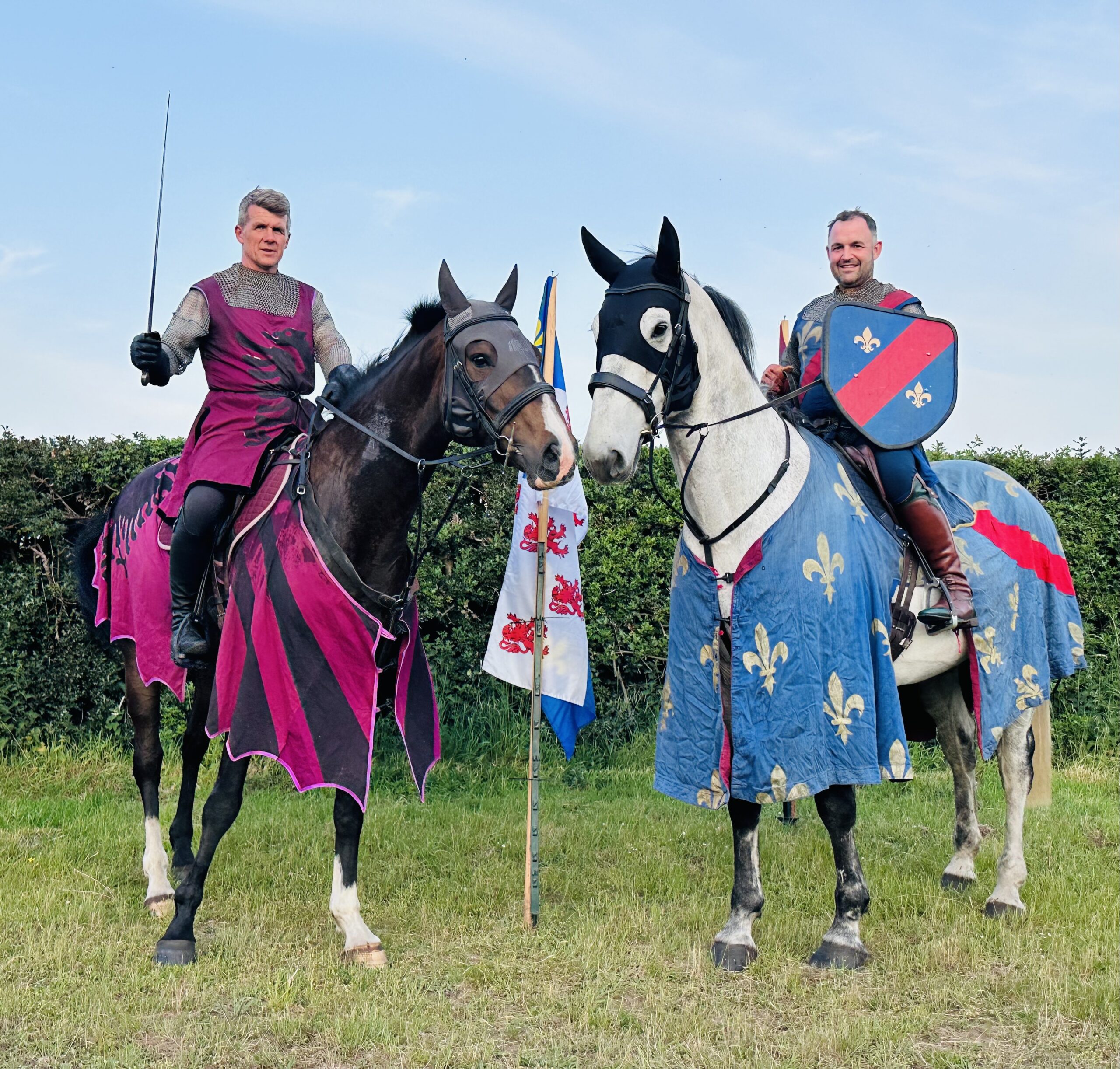 Mounted Sherwood Outlaws riders in medieval costume on horseback at the showground